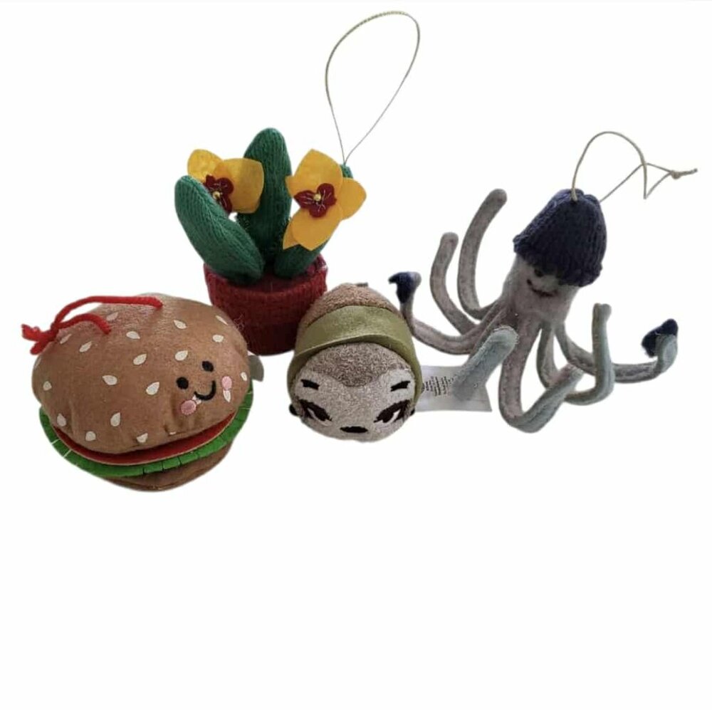 Christmas Ornaments Plush Hamburger Sloth Cactus Octopus Set of 4 Holiday Decor